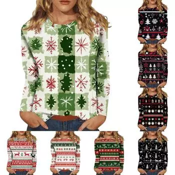 Женский модный повседневный топ с длинными рукавами и рождественским принтом с круглым вырезом Топ с длинными рукавами XXXXL киноварь