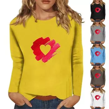 Женский модный повседневный топ с длинными рукавами и принтом ко Дню святого Валентина, с круглым вырезом, с длинными рукавами L чёрный