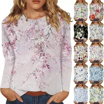 Женский модный повседневный топ с длинными рукавами и пуговицами с круглым вырезом и круглым вырезом XXL