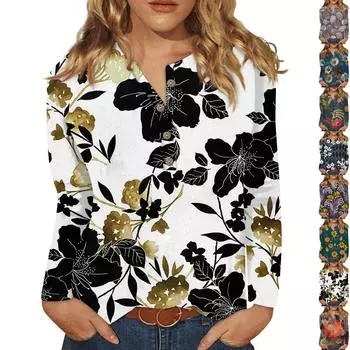 Женский модный повседневный топ с длинными рукавами и пуговицами с круглым вырезом и круглым вырезом S синий