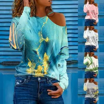 Женский модный повседневный топ с длинными рукавами и открытыми плечами с принтом тай-дай S циан