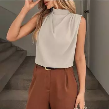 Женский модный повседневный топ с драпировкой, маленьким вырезом горловины, однотонный, без рукавов S хаки