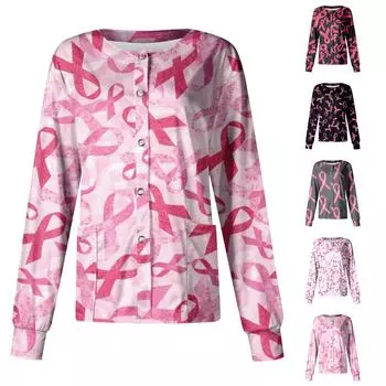 Женский модный повседневный топ с карманами, длинными рукавами и тематическим принтом с круглым вырезом M