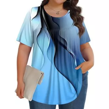 Женский модный повседневный топ с круглым вырезом и короткими рукавами с принтом, женские топы больших размеров XL синий