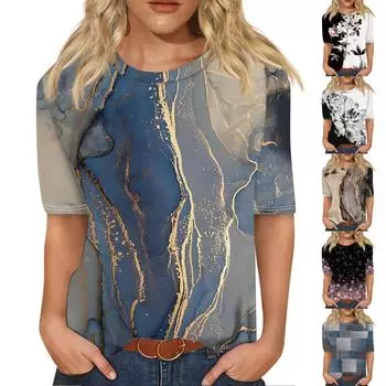 Женский модный повседневный топ с круглым вырезом и тремя рукавами с цветочным принтом L чёрный