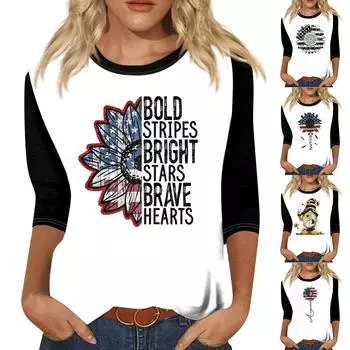 Женский модный повседневный топ с круглым вырезом и принтом в стиле ретро с семью рукавами в стиле ретро ко Дню независимости L чёрный