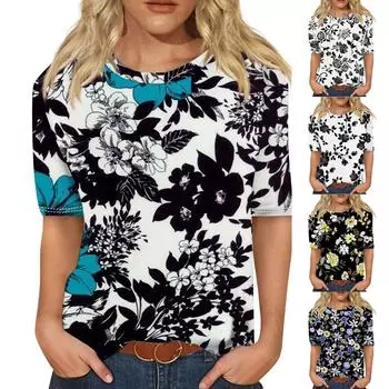 Женский модный повседневный топ с круглым вырезом и тремя рукавами с цветочным принтом L чёрный