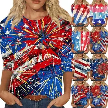 Женский модный повседневный топ с круглым вырезом с рукавом три четверти и принтом ко Дню независимости L бежевый