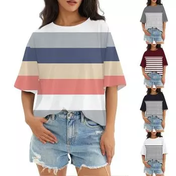 Женский модный повседневный топ с круглым вырезом и тремя рукавами с половиной рукавами L синий