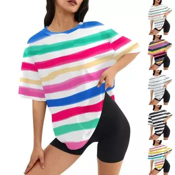 Женский модный повседневный топ с круглым вырезом и тремя рукавами с полосками и принтом L чёрный