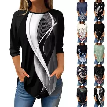 Женский модный повседневный топ с круглым вырезом и рукавами 3/4, реглан с цветочным принтом XL зелёный