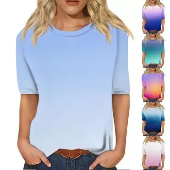 Женский модный повседневный топ с круглым вырезом и принтом с тремя половинными рукавами L синий