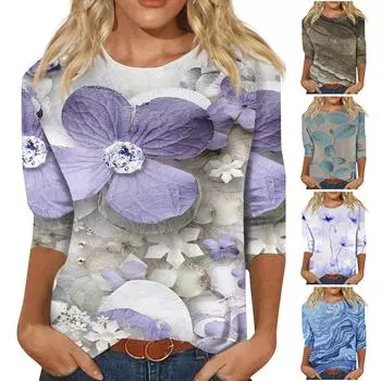 Женский модный повседневный топ с круглым вырезом и семиточечным рукавом с принтом L бронзовый