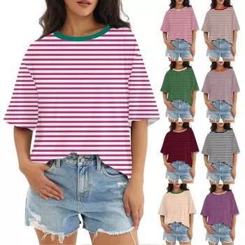 Женский модный повседневный топ с круглым вырезом и тремя рукавами с половиной рукавами L бежевый