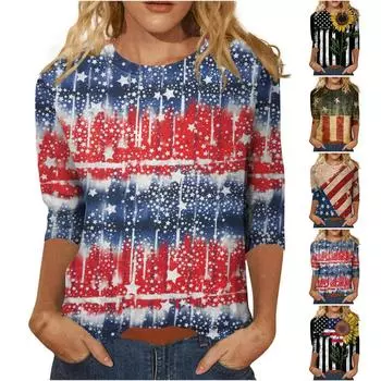 Женский модный повседневный топ с круглым вырезом и принтом на День независимости и семиточечным рукавом XXXL красный