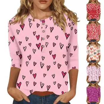 Женский модный повседневный топ с круглым вырезом и пуговицами с рукавами 3/4 и принтом L