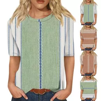 Женский модный повседневный топ с круглым вырезом и тремя рукавами с полосками и принтом L