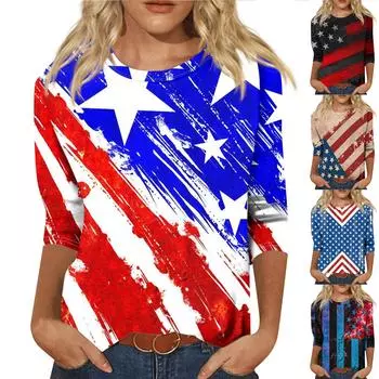 Женский модный повседневный топ с круглым вырезом и принтом в стиле ретро с семью рукавами в стиле ретро ко Дню независимости L синий