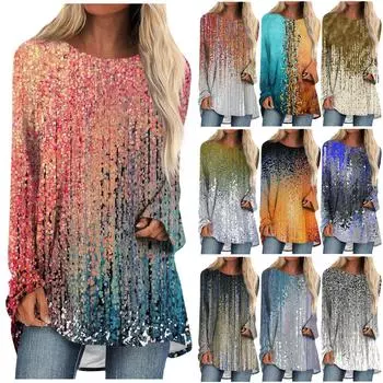 Женский модный повседневный топ с круглым вырезом и длинным рукавом средней длины с цветочным принтом XXL синий