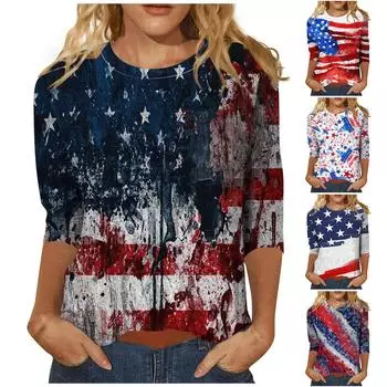 Женский модный повседневный топ с круглым вырезом с рукавом семь точек и принтом ко Дню независимости L синий