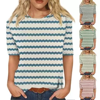 Женский модный повседневный топ с круглым вырезом и тремя рукавами с полосками и принтом L