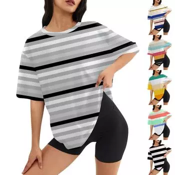 Женский модный повседневный топ с круглым вырезом и тремя рукавами с полосками и принтом L бежевый