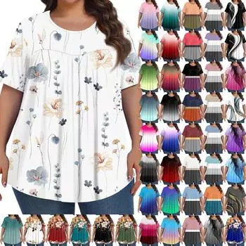 Женский модный повседневный топ с круглым вырезом и короткими рукавами с принтом, женские топы больших размеров XXXL циан