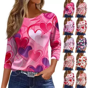 Женский модный повседневный топ с круглым вырезом и принтом на День святого Валентина с семью рукавами L горячий розовый