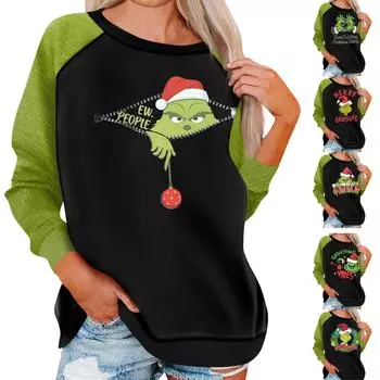 Женский модный повседневный топ с круглым вырезом и длинными рукавами с рождественским принтом XL