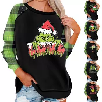 Женский модный повседневный топ с круглым вырезом и длинными рукавами с рождественским принтом M