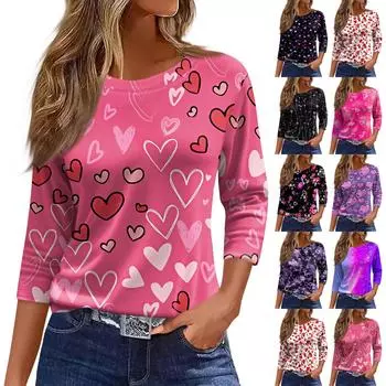 Женский модный повседневный топ с круглым вырезом и принтом на День святого Валентина с семью рукавами L чёрный