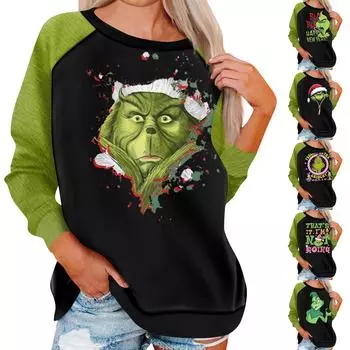 Женский модный повседневный топ с круглым вырезом и длинными рукавами с рождественским принтом L армия зеленый