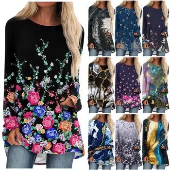 Женский модный повседневный топ с круглым вырезом и длинным рукавом средней длины с цветочным принтом XXL