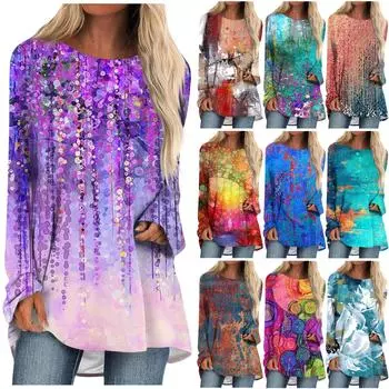 Женский модный повседневный топ с круглым вырезом и длинным рукавом средней длины с цветочным принтом XL