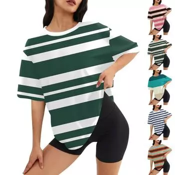 Женский модный повседневный топ с круглым вырезом и тремя рукавами с полосками и принтом L бежевый