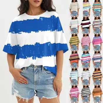 Женский модный повседневный топ с круглым вырезом и тремя рукавами с полосками и принтом M