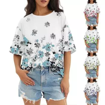 Женский модный повседневный топ с круглым вырезом и тремя рукавами с половиной рукавами L синий