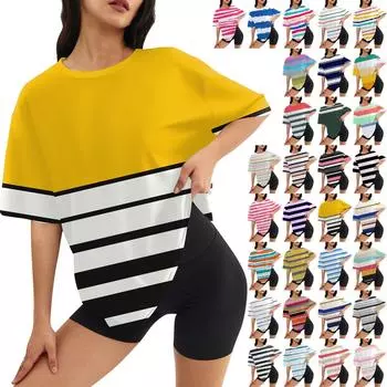 Женский модный повседневный топ с круглым вырезом и тремя рукавами с полосками и принтом L чёрный