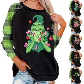 Женский модный повседневный топ с круглым вырезом и длинными рукавами с рождественским принтом L