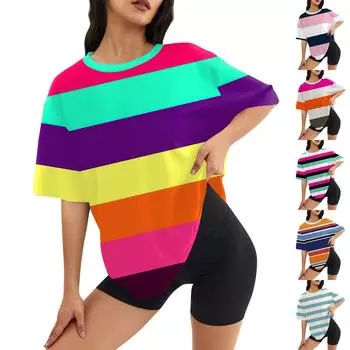 Женский модный повседневный топ с круглым вырезом и тремя рукавами с полосками и принтом L циан