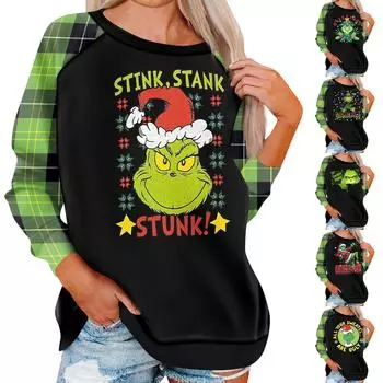 Женский модный повседневный топ с круглым вырезом и длинными рукавами с рождественским принтом L