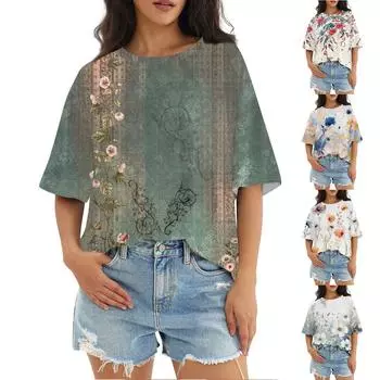 Женский модный повседневный топ с круглым вырезом и тремя рукавами с половиной рукавами L синий