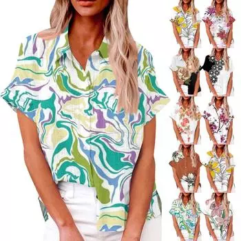 Женский модный повседневный топ с лацканами и пуговицами с рукавом 3/4 и натуральным цветочным принтом L чёрный