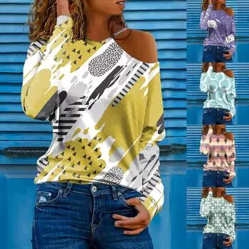 Женский модный повседневный топ с открытыми плечами и длинными рукавами с принтом M