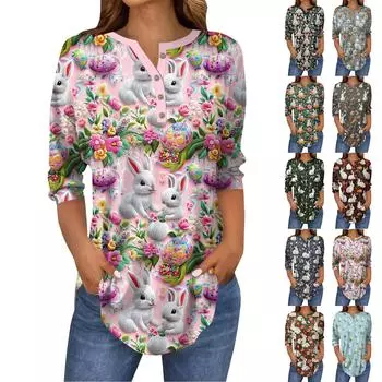 Женский модный повседневный топ с рукавами 3/4 и принтом пасхального кролика и воротником на пуговицах L армия зеленый