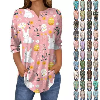 Женский модный повседневный топ с рукавами 3/4 и принтом пасхального кролика и воротником на пуговицах L чёрный