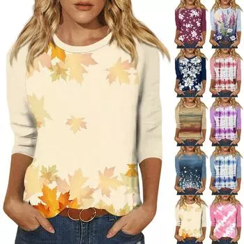 Женский модный повседневный топ с рукавом семь четвертей и круглым вырезом в стиле ретро с цветочным принтом и лоскутным узором M жёлтый