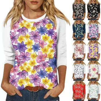 Женский модный повседневный топ с рукавом семь четвертей и круглым вырезом в стиле ретро с цветочным принтом и лоскутным узором XXL жёлтый