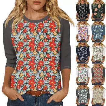Женский модный повседневный топ с рукавом семь четвертей и круглым вырезом в стиле ретро с цветочным принтом и лоскутным узором L синий