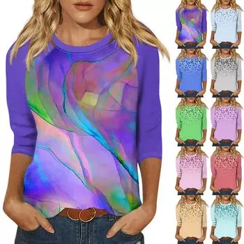 Женский модный повседневный топ с рукавом семь четвертей и круглым вырезом в стиле ретро с цветочным принтом и лоскутным узором XXXL зелёный